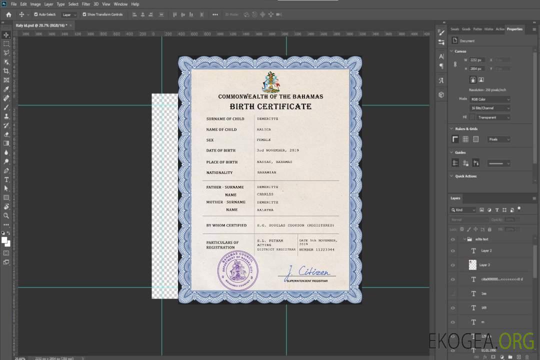 Modèle PSD de certificat de naissance d'état civil des Bahamas template